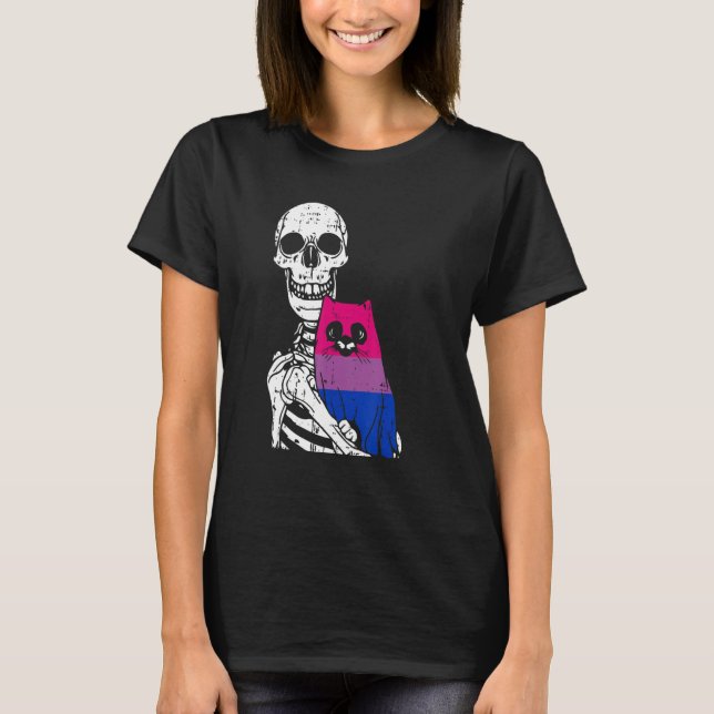 Skeleton Holding A Cat Bisexual LGBT-Q Pride Rainb T-Shirt (Front)