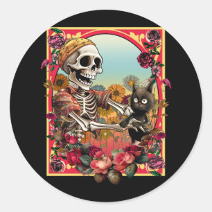 Skeleton Holding A Cat Card Lazy Halloween Costume Classic Round Sticker