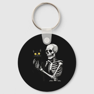 Skeleton Holding A Cat Cute Black Cat Halloween Co Key Ring