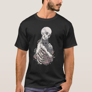 Skeleton Holding A Cat Flower Lazy Halloween Costu T-Shirt