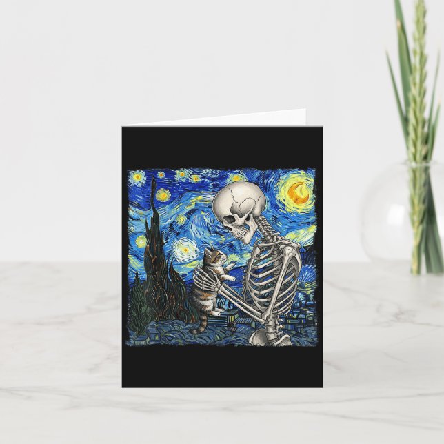Skeleton Holding A Cat Funny Halloween Van Gogh St Card (Front)