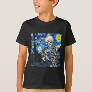 Skeleton Holding A Cat Funny Halloween Van Gogh St T-Shirt