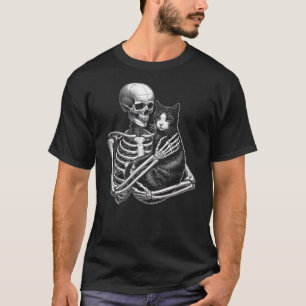 Skeleton Holding A Cat Funny Lazy Halloween Costum T-Shirt