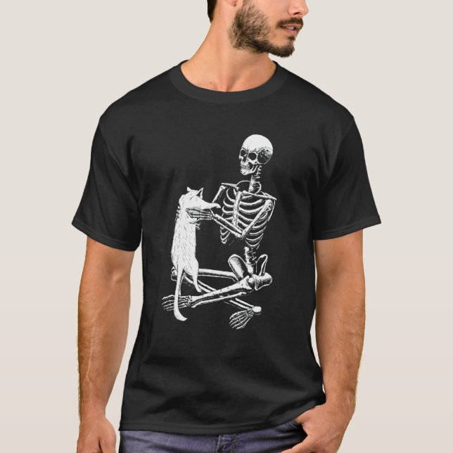 Skeleton Holding A Cat Halloween T-Shirt (Front)