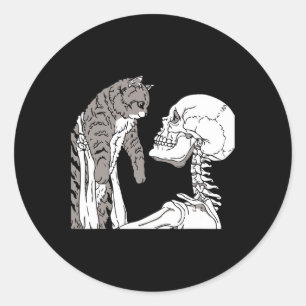 Skeleton Holding A Cat Lazy Halloween Costume Skul Classic Round Sticker