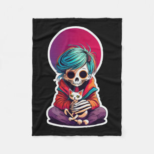 Skeleton Holding A Cat Shirt Lazy Halloween Costum Fleece Blanket