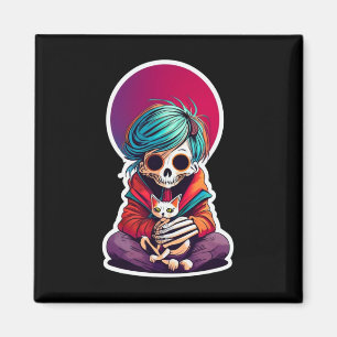 Skeleton Holding A Cat Shirt Lazy Halloween Costum Magnet
