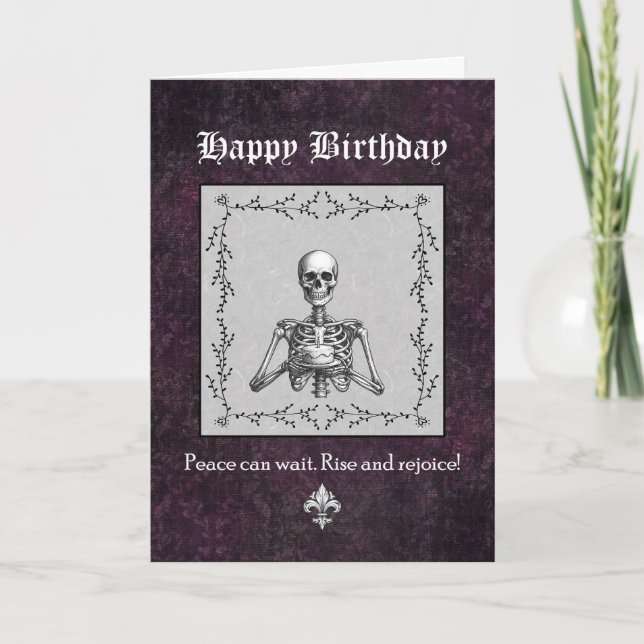 Skeleton Holding Cake Funny Goth Custom Birthday Card (Front)