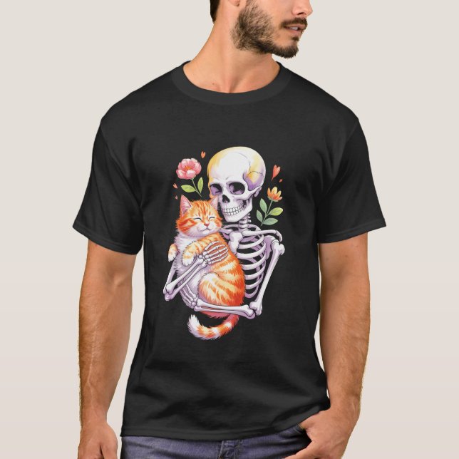 Skeleton Holding Cat Flowers T-Shirt (Front)