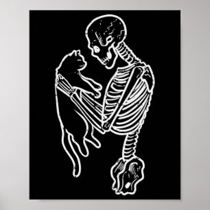Skeleton Holding Cat Fun Halloween Costume Men Wom Poster