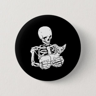 Skeleton Holding Cat Funny Halloween Skull Sphynx  6 Cm Round Badge