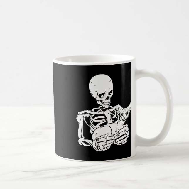 Skeleton Holding Cat Funny Halloween Skull Sphynx  Coffee Mug (Right)