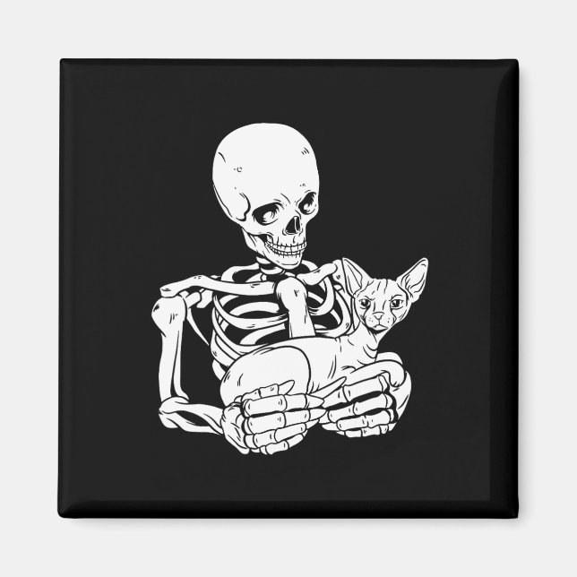 Skeleton Holding Cat Funny Halloween Skull Sphynx  Magnet (Front)
