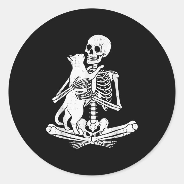 Skeleton Holding Cat Funny Soky Halloween Meow Kit Classic Round Sticker (Front)