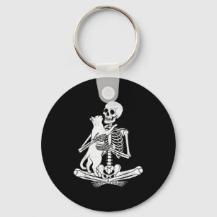 Skeleton Holding Cat Funny Soky Halloween Meow Kit Key Ring