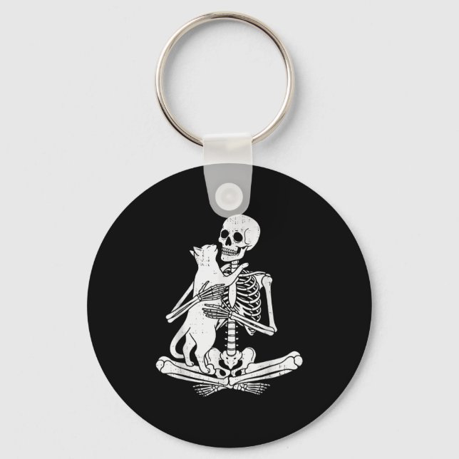 Skeleton Holding Cat Funny Soky Halloween Meow Kit Key Ring (Front)