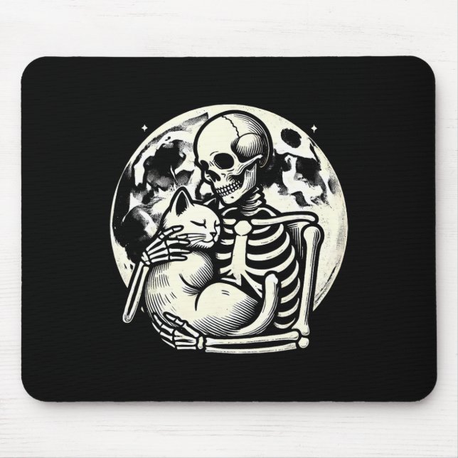 Skeleton Holding Cat Spooky Skull Halloween Gothic Mouse Pad (Front)