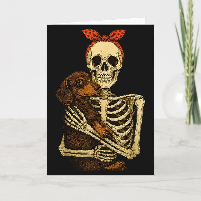 Skeleton Holding Dachshund Dog Funny Lazy Hallowee Card (Front)