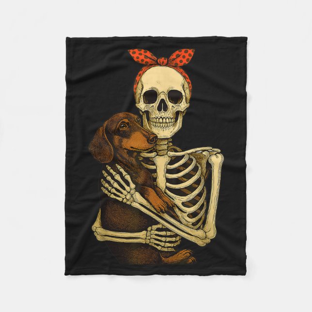 Skeleton Holding Dachshund Dog Funny Lazy Hallowee Fleece Blanket (Front)