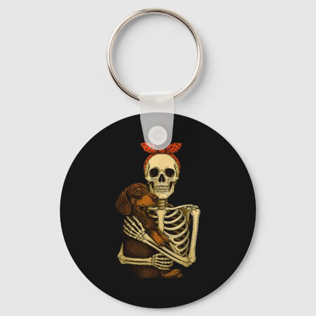 Skeleton Holding Dachshund Dog Funny Lazy Hallowee Key Ring (Front)