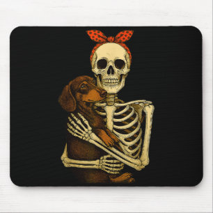 Skeleton Holding Dachshund Dog Funny Lazy Hallowee Mouse Pad