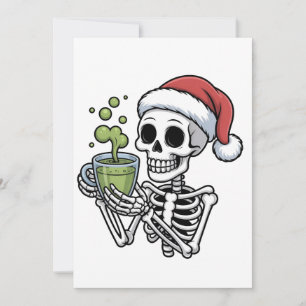 Skeleton Holding Matcha Drink Wearing Santa Hat Holiday Card