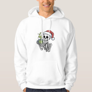 Skeleton Holding Matcha Drink Wearing Santa Hat Hoodie