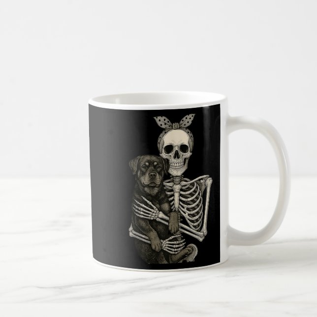 Skeleton Holding Rottweiler Dog Funny Lazy Hallowe Coffee Mug (Right)