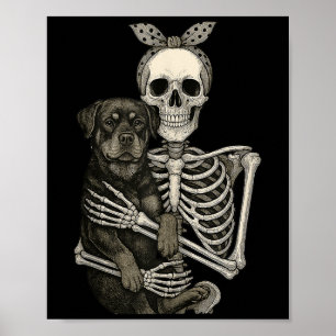 Skeleton Holding Rottweiler Dog Funny Lazy Hallowe Poster