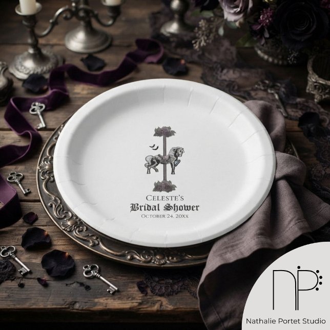 Skeleton Horse Vintage Carousel Paper Plate (Hand-drawn skeleton carousel horse & romantic roses paper plate for gothic bridal shower or wedding)