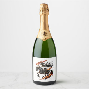 Skeleton Horseman Riding Flaming Horse Sparkling Wine Label