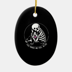 SKELETON HUG BOSTON TERRIER YOU MAKE ME FEEL ALIVE CERAMIC TREE DECORATION