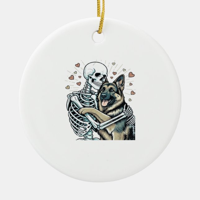 Skeleton Hugging a German Shepherd � Unique Gothic Ceramic Tree Decoration (Front)