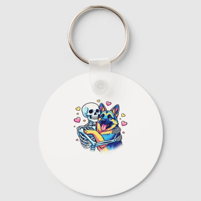 Skeleton Hugging a German Shepherd � Unique Gothic Key Ring (Front)