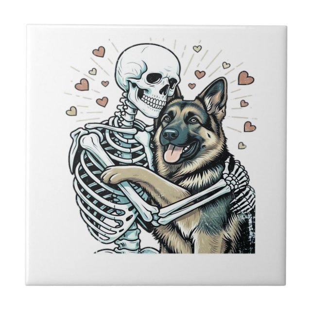 Skeleton Hugging a German Shepherd � Unique Gothic Tile (Front)