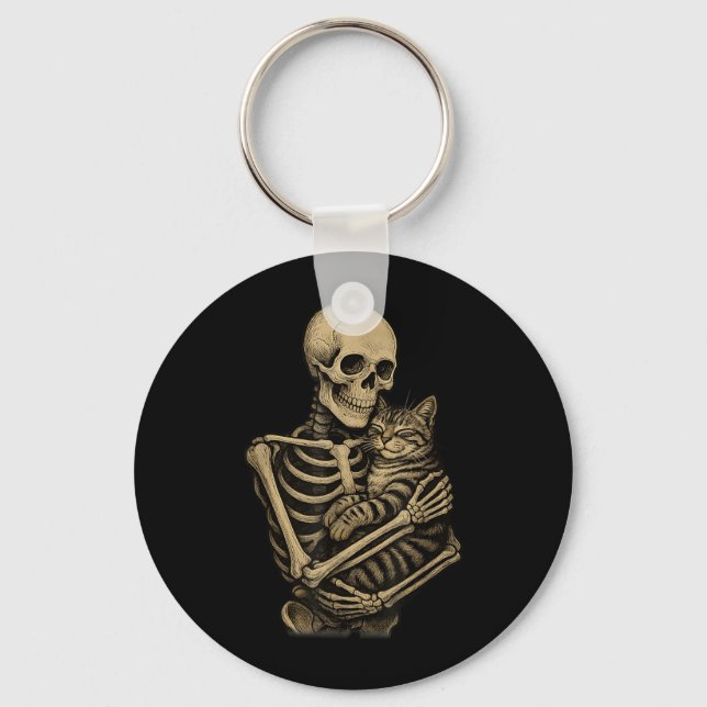 Skeleton Hugging American Shorthair cat Funny Key Ring (Front)