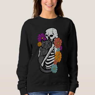 Skeleton Hugging Black Cat Flowers Halloween Women Sweatshirt