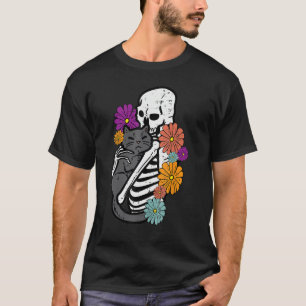 Skeleton Hugging Black Cat Flowers Halloween Women T-Shirt