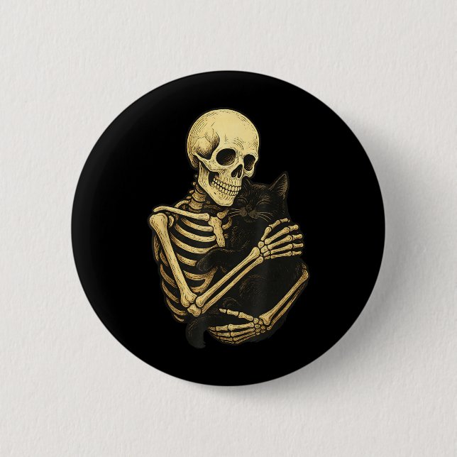 Skeleton Hugging Black Cat Funny Halloween 6 Cm Round Badge (Front)