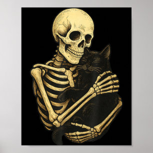 Skeleton Hugging Black Cat Funny Halloween Poster