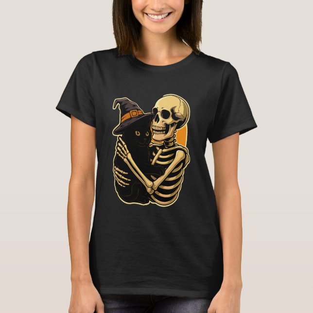 Skeleton Hugging Black Cat Halloween Cute Witch Ca T-Shirt (Front)