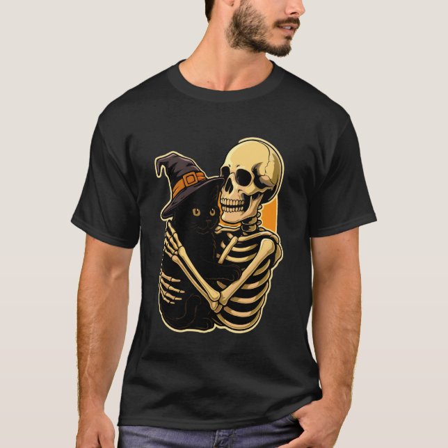 Skeleton Hugging Black Cat Halloween Cute Witch Ca T-Shirt (Front)