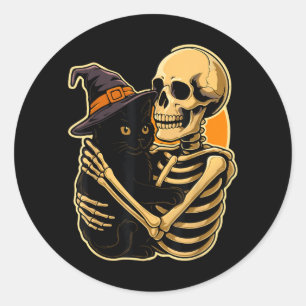 Skeleton Hugging Black Cat Halloween Cute Witch Classic Round Sticker