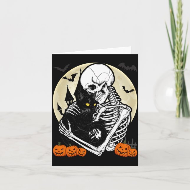 Skeleton Hugging Black Cat Halloween Gothic Design Card (Front)