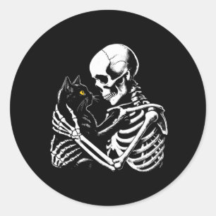 Skeleton Hugging Black Cat Halloween Gothic Design Classic Round Sticker