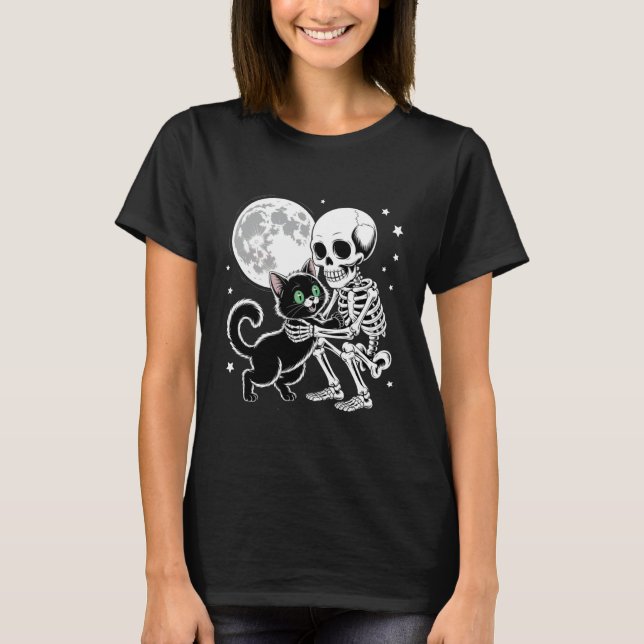 Skeleton Hugging Black Cat Under Full Moon Hallowe T-Shirt (Front)
