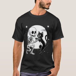 Skeleton Hugging Black Cat Under Full Moon Hallowe T-Shirt