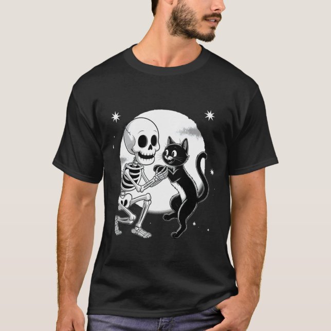 Skeleton Hugging Black Cat Under Full Moon Hallowe T-Shirt (Front)