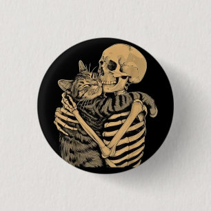 Skeleton Hugging Cat – Cute Gothic Cat Lover Gift 3 Cm Round Badge