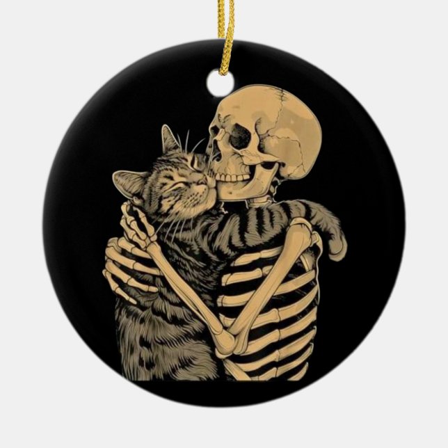  Skeleton Hugging Cat – Cute Gothic Cat Lover Gift Ceramic Tree Decoration (Front)